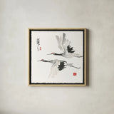 Zen Crane I by Chris Paschke. Shown in a natural wood glass frame for a timeless modern aesthetic. Available as an archival giclee rolled canvas, fine art paper, or poster print. SKU 35081a.