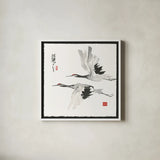 Zen Crane I by Chris Paschke. Shown in a crisp white glass frame for a clean and minimalist style. Available as an archival giclee rolled canvas, fine art paper, or poster print. SKU 35081a.
