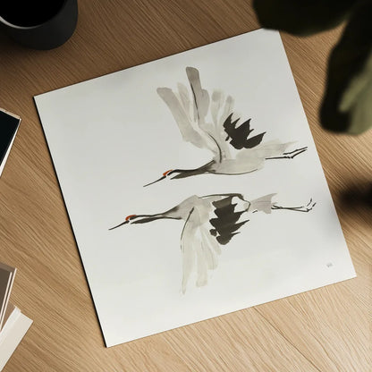 Zen Cranes I Warm by Chris Paschke. Shown as a detailed flat fine art print, highlighting archival giclee quality. Available as an archival giclee rolled canvas, fine art paper, or poster print. SKU 51744a.