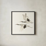 Zen Cranes I Warm by Chris Paschke. Shown in a sleek black glass frame for a contemporary gallery look. Available as an archival giclee rolled canvas, fine art paper, or poster print. SKU 51744a.