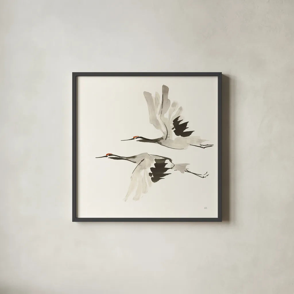 Zen Cranes I Warm by Chris Paschke. Shown in a sleek black glass frame for a contemporary gallery look. Available as an archival giclee rolled canvas, fine art paper, or poster print. SKU 51744a.