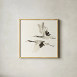 Zen Cranes I Warm by Chris Paschke. Shown in a natural wood glass frame for a timeless modern aesthetic. Available as an archival giclee rolled canvas, fine art paper, or poster print. SKU 51744a.