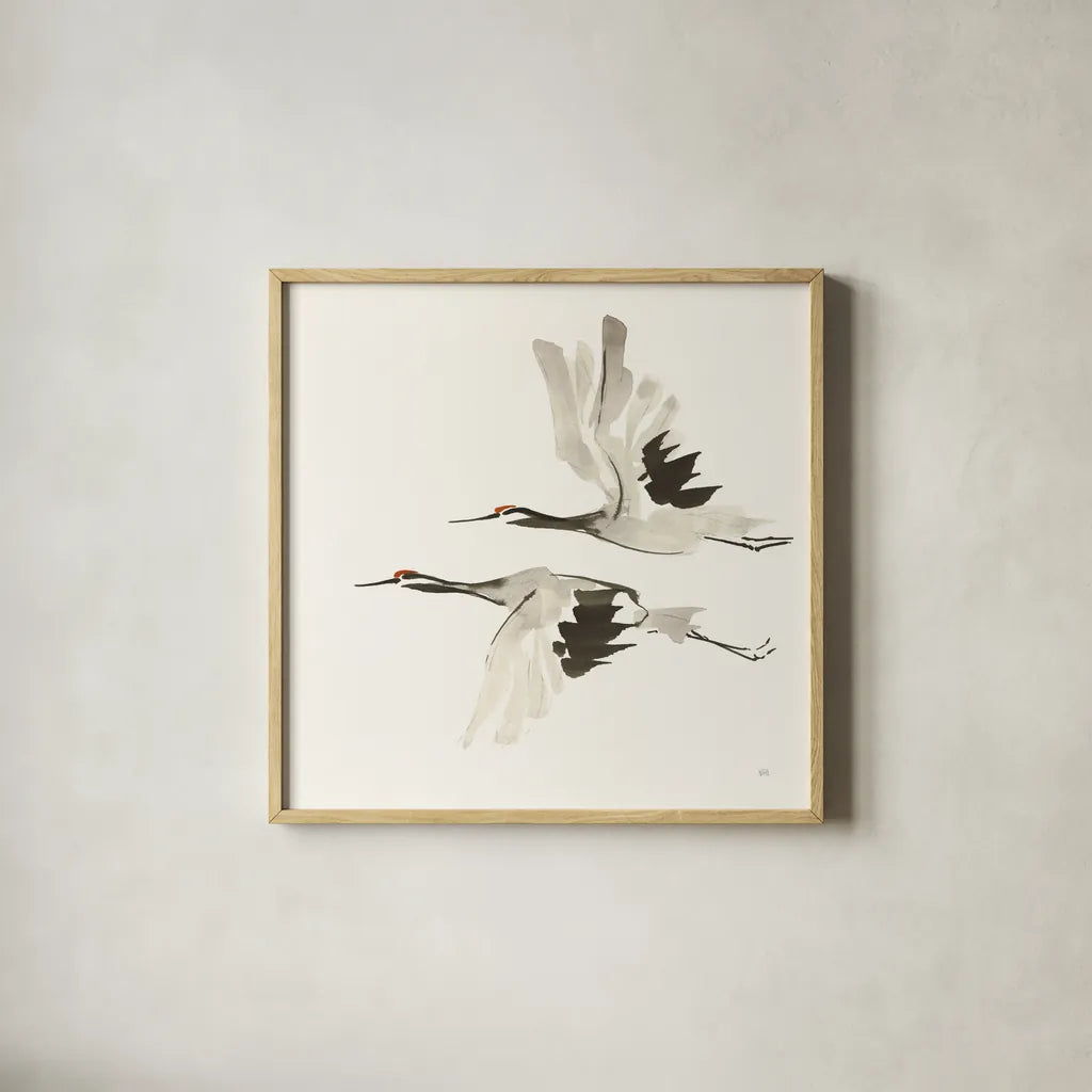 Zen Cranes I Warm by Chris Paschke. Shown in a natural wood glass frame for a timeless modern aesthetic. Available as an archival giclee rolled canvas, fine art paper, or poster print. SKU 51744a.