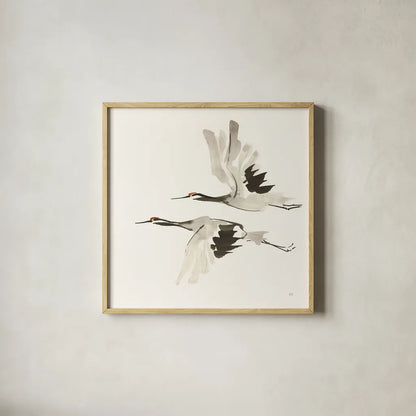 Zen Cranes I Warm by Chris Paschke. Shown in a natural wood glass frame for a timeless modern aesthetic. Available as an archival giclee rolled canvas, fine art paper, or poster print. SKU 51744a.