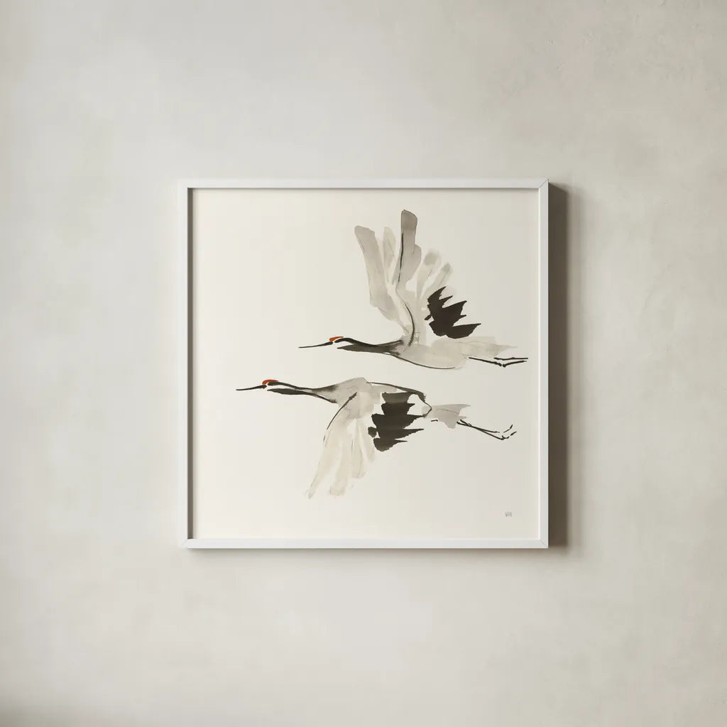 Zen Cranes I Warm by Chris Paschke. Shown in a crisp white glass frame for a clean and minimalist style. Available as an archival giclee rolled canvas, fine art paper, or poster print. SKU 51744a.