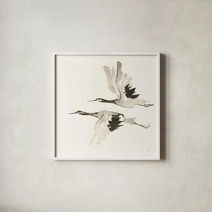 Zen Cranes I Warm by Chris Paschke. Shown in a crisp white glass frame for a clean and minimalist style. Available as an archival giclee rolled canvas, fine art paper, or poster print. SKU 51744a.