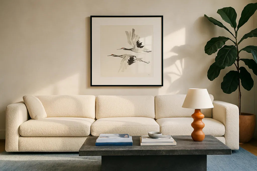 Zen Cranes I Warm by Chris Paschke. Displayed in a glass frame with matte in a clean modern living room. Available as an archival giclee rolled canvas, fine art paper, or poster print. SKU 51744a.