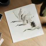 Zen Cranes II Warm by Chris Paschke. Shown as a detailed flat fine art print, highlighting archival giclee quality. Available as an archival giclee rolled canvas, fine art paper, or poster print. SKU 51745a.