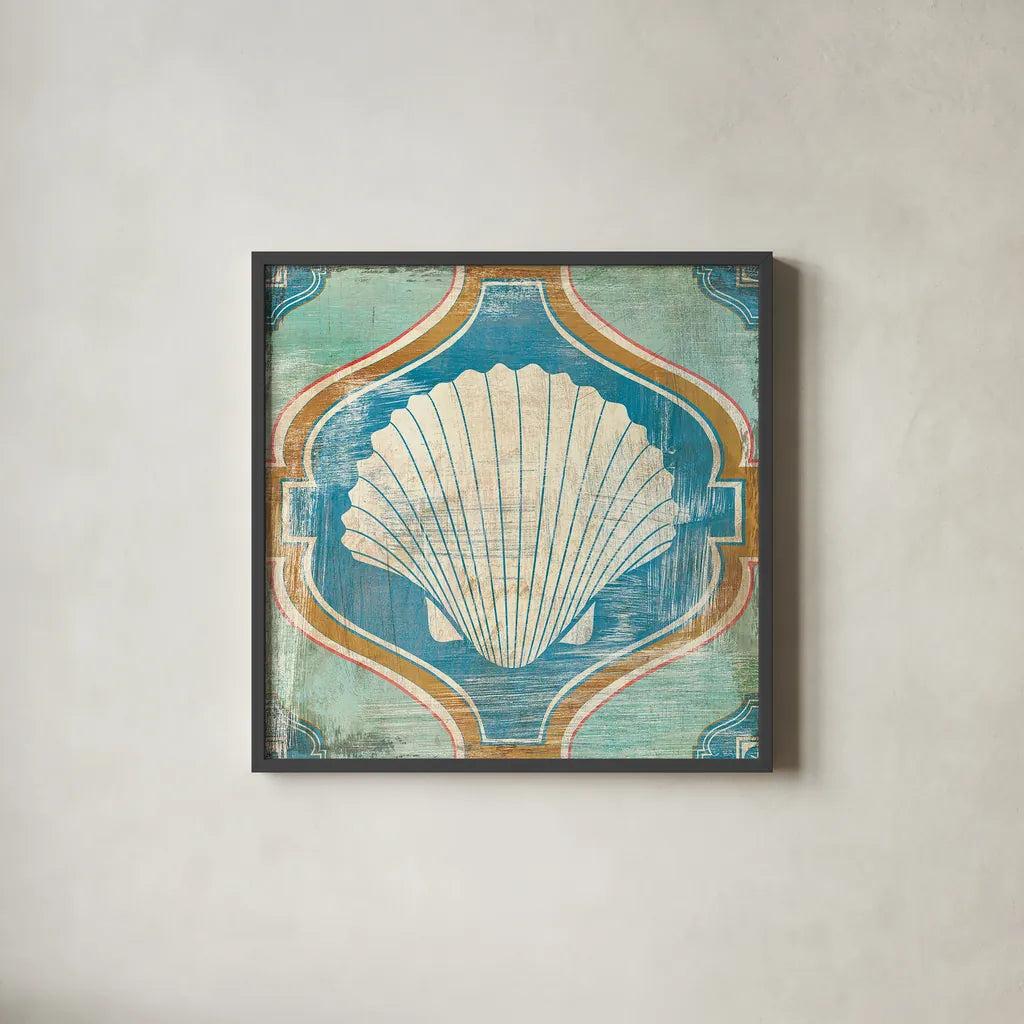 Bohemian Sea Tiles II by Cleonique Hilsaca. Shown in a sleek black glass frame for a contemporary gallery look. Available as an archival giclee rolled canvas, fine art paper, or poster print. SKU 22935a.