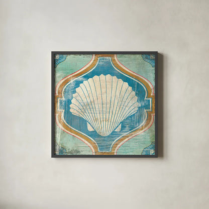 Bohemian Sea Tiles II by Cleonique Hilsaca. Shown in a sleek black glass frame for a contemporary gallery look. Available as an archival giclee rolled canvas, fine art paper, or poster print. SKU 22935a.