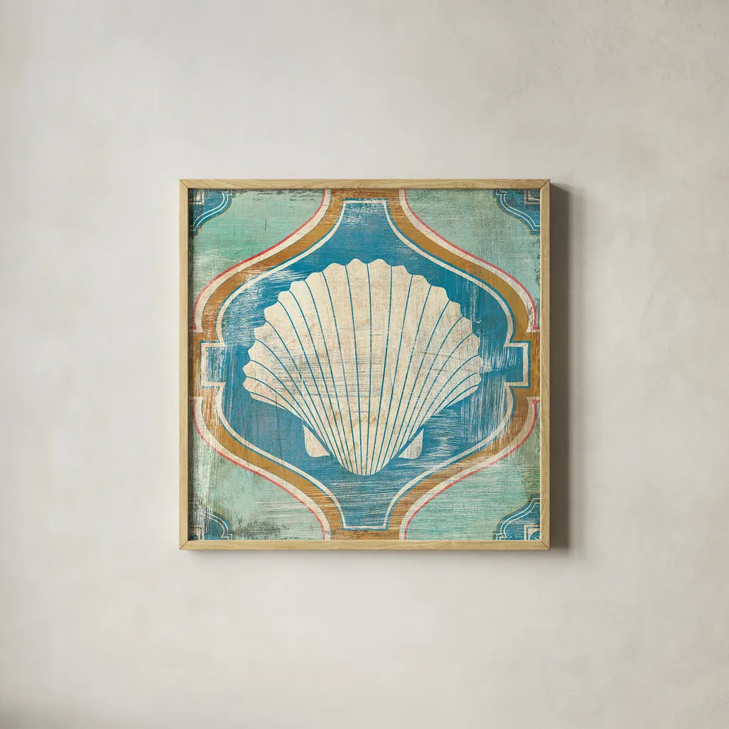 Bohemian Sea Tiles II by Cleonique Hilsaca. Shown in a natural wood glass frame for a timeless modern aesthetic. Available as an archival giclee rolled canvas, fine art paper, or poster print. SKU 22935a.