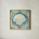 Bohemian Sea Tiles II by Cleonique Hilsaca. Shown in a natural wood glass frame for a timeless modern aesthetic. Available as an archival giclee rolled canvas, fine art paper, or poster print. SKU 22935a.