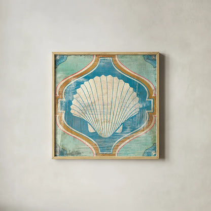 Bohemian Sea Tiles II by Cleonique Hilsaca. Shown in a natural wood glass frame for a timeless modern aesthetic. Available as an archival giclee rolled canvas, fine art paper, or poster print. SKU 22935a.