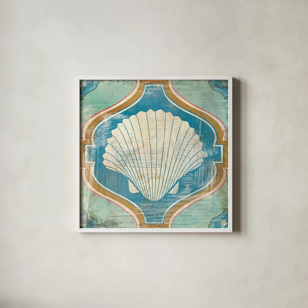 Bohemian Sea Tiles II by Cleonique Hilsaca. Shown in a crisp white glass frame for a clean and minimalist style. Available as an archival giclee rolled canvas, fine art paper, or poster print. SKU 22935a.