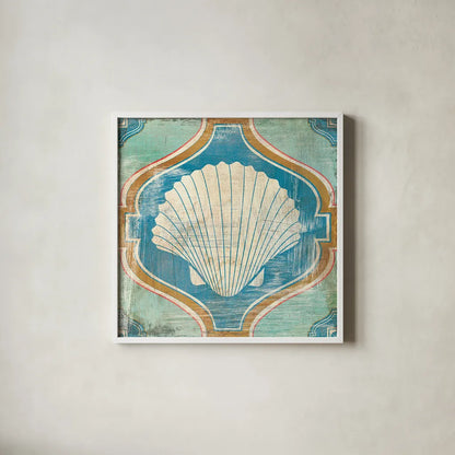Bohemian Sea Tiles II by Cleonique Hilsaca. Shown in a crisp white glass frame for a clean and minimalist style. Available as an archival giclee rolled canvas, fine art paper, or poster print. SKU 22935a.