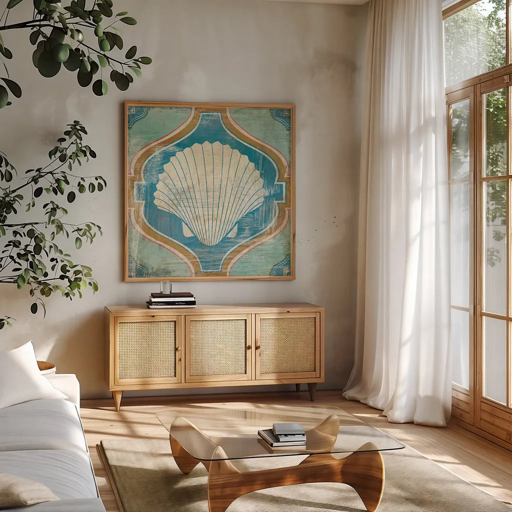 Bohemian Sea Tiles II by Cleonique Hilsaca. Shown in a natural wood frame in a cozy modern living room. Available as an archival giclee rolled canvas, fine art paper, or poster print. SKU 22935a.