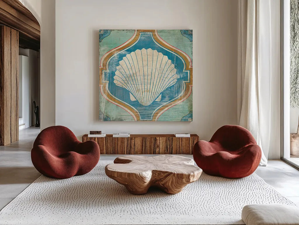 Bohemian Sea Tiles II by Cleonique Hilsaca. Shown as extra-large giant wall art in a modern living room. Available as an archival giclee rolled canvas, fine art paper, or poster print. SKU 22935a.
