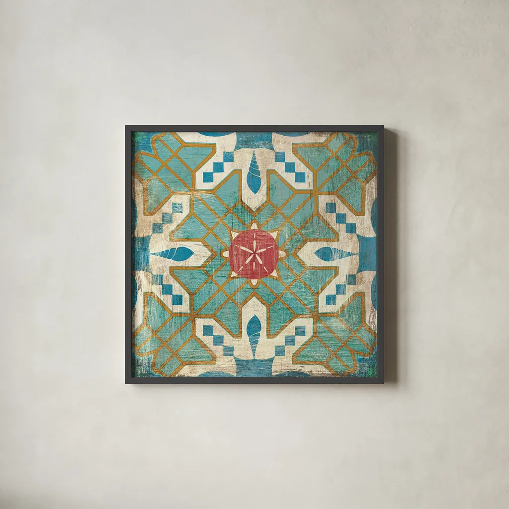 Bohemian Sea Tiles III by Cleonique Hilsaca. Shown in a sleek black glass frame for a contemporary gallery look. Available as an archival giclee rolled canvas, fine art paper, or poster print. SKU 22936a.