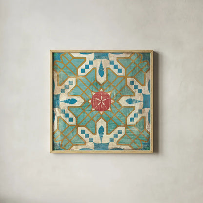 Bohemian Sea Tiles III by Cleonique Hilsaca. Shown in a natural wood glass frame for a timeless modern aesthetic. Available as an archival giclee rolled canvas, fine art paper, or poster print. SKU 22936a.