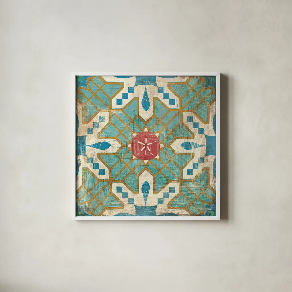 Bohemian Sea Tiles III by Cleonique Hilsaca. Shown in a crisp white glass frame for a clean and minimalist style. Available as an archival giclee rolled canvas, fine art paper, or poster print. SKU 22936a.