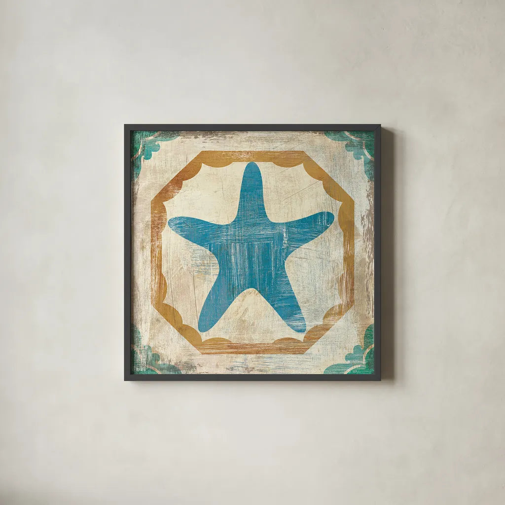 Bohemian Sea Tiles IX by Cleonique Hilsaca. Shown in a sleek black glass frame for a contemporary gallery look. Available as an archival giclee rolled canvas, fine art paper, or poster print. SKU 22942a.