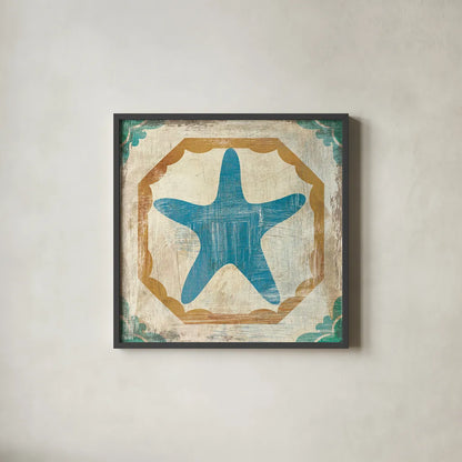 Bohemian Sea Tiles IX by Cleonique Hilsaca. Shown in a sleek black glass frame for a contemporary gallery look. Available as an archival giclee rolled canvas, fine art paper, or poster print. SKU 22942a.