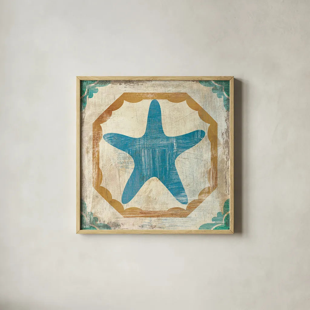 Bohemian Sea Tiles IX by Cleonique Hilsaca. Shown in a natural wood glass frame for a timeless modern aesthetic. Available as an archival giclee rolled canvas, fine art paper, or poster print. SKU 22942a.