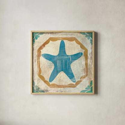 Bohemian Sea Tiles IX by Cleonique Hilsaca. Shown in a natural wood glass frame for a timeless modern aesthetic. Available as an archival giclee rolled canvas, fine art paper, or poster print. SKU 22942a.