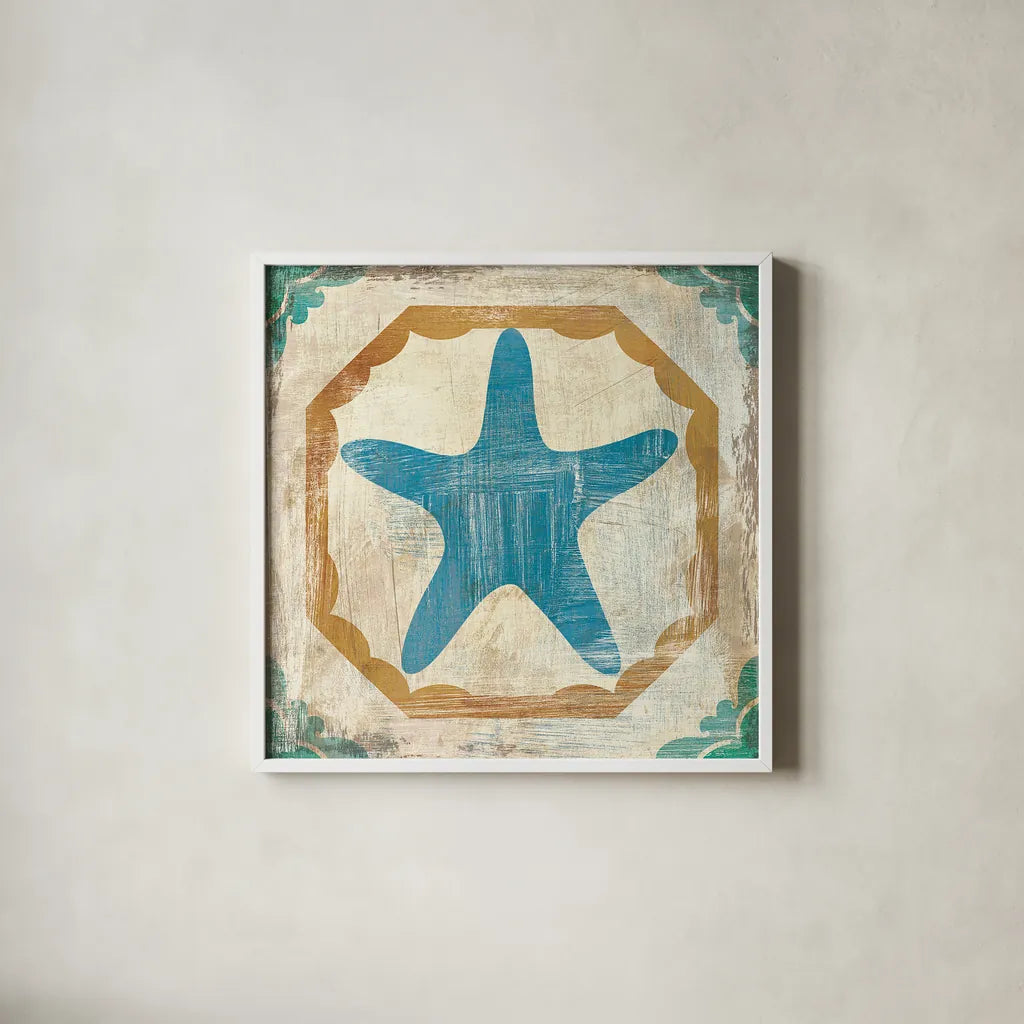 Bohemian Sea Tiles IX by Cleonique Hilsaca. Shown in a crisp white glass frame for a clean and minimalist style. Available as an archival giclee rolled canvas, fine art paper, or poster print. SKU 22942a.