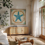 Bohemian Sea Tiles IX by Cleonique Hilsaca. Shown in a natural wood frame in a cozy modern living room. Available as an archival giclee rolled canvas, fine art paper, or poster print. SKU 22942a.