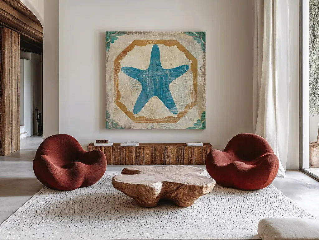 Bohemian Sea Tiles IX by Cleonique Hilsaca. Shown as extra-large giant wall art in a modern living room. Available as an archival giclee rolled canvas, fine art paper, or poster print. SKU 22942a.