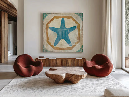 Bohemian Sea Tiles IX by Cleonique Hilsaca. Shown as extra-large giant wall art in a modern living room. Available as an archival giclee rolled canvas, fine art paper, or poster print. SKU 22942a.