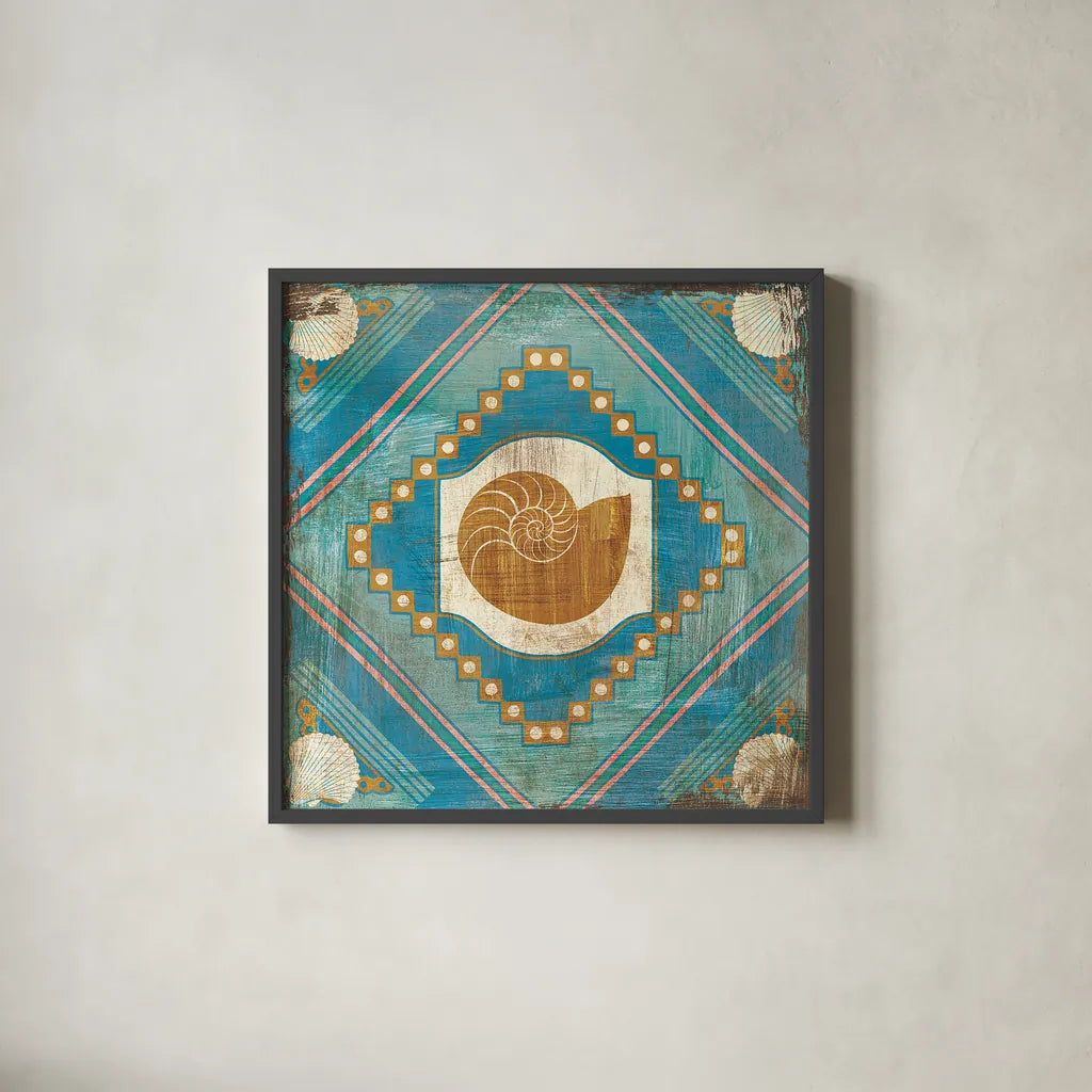 Bohemian Sea Tiles V by Cleonique Hilsaca. Shown in a sleek black glass frame for a contemporary gallery look. Available as an archival giclee rolled canvas, fine art paper, or poster print. SKU 22938a.