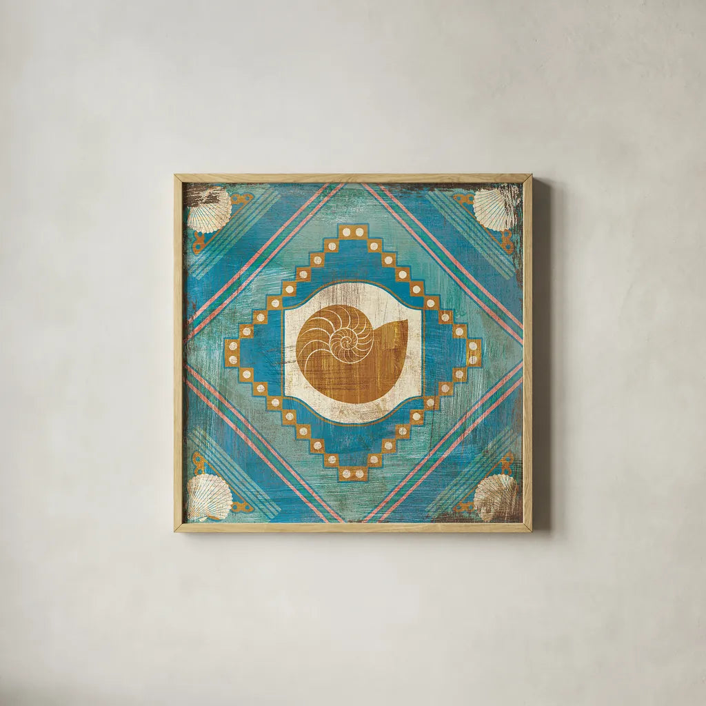 Bohemian Sea Tiles V by Cleonique Hilsaca. Shown in a natural wood glass frame for a timeless modern aesthetic. Available as an archival giclee rolled canvas, fine art paper, or poster print. SKU 22938a.