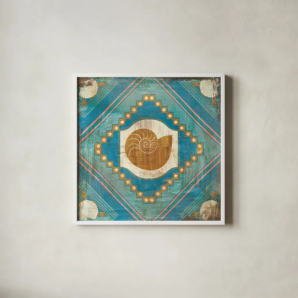 Bohemian Sea Tiles V by Cleonique Hilsaca. Shown in a crisp white glass frame for a clean and minimalist style. Available as an archival giclee rolled canvas, fine art paper, or poster print. SKU 22938a.