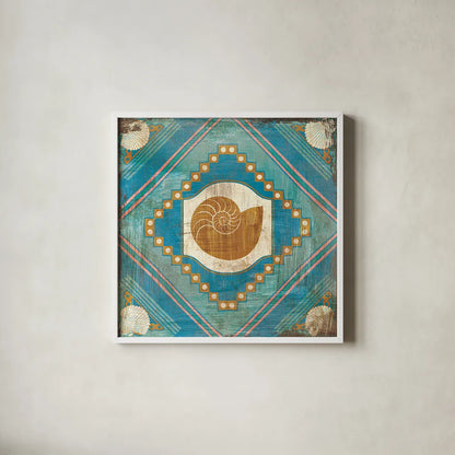 Bohemian Sea Tiles V by Cleonique Hilsaca. Shown in a crisp white glass frame for a clean and minimalist style. Available as an archival giclee rolled canvas, fine art paper, or poster print. SKU 22938a.