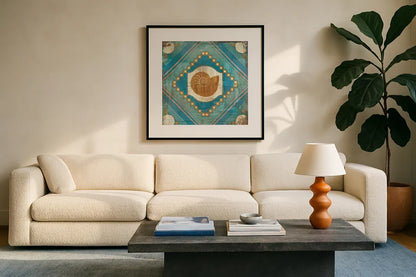 Bohemian Sea Tiles V by Cleonique Hilsaca. Displayed in a glass frame with matte in a clean modern living room. Available as an archival giclee rolled canvas, fine art paper, or poster print. SKU 22938a.