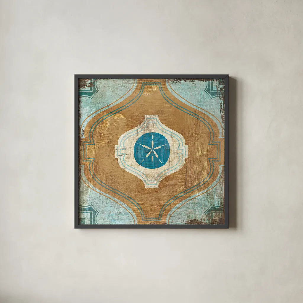 Bohemian Sea Tiles VII by Cleonique Hilsaca. Shown in a sleek black glass frame for a contemporary gallery look. Available as an archival giclee rolled canvas, fine art paper, or poster print. SKU 22940a.