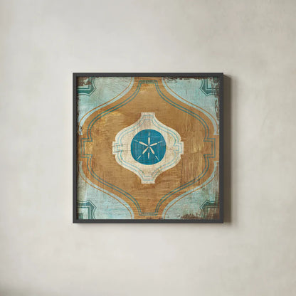 Bohemian Sea Tiles VII by Cleonique Hilsaca. Shown in a sleek black glass frame for a contemporary gallery look. Available as an archival giclee rolled canvas, fine art paper, or poster print. SKU 22940a.