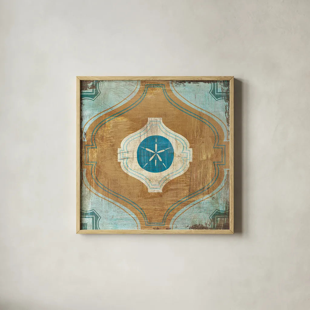 Bohemian Sea Tiles VII by Cleonique Hilsaca. Shown in a natural wood glass frame for a timeless modern aesthetic. Available as an archival giclee rolled canvas, fine art paper, or poster print. SKU 22940a.
