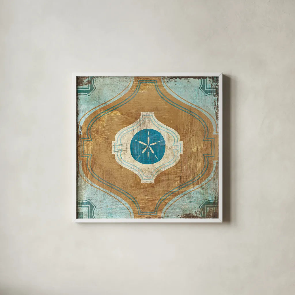 Bohemian Sea Tiles VII by Cleonique Hilsaca. Shown in a crisp white glass frame for a clean and minimalist style. Available as an archival giclee rolled canvas, fine art paper, or poster print. SKU 22940a.
