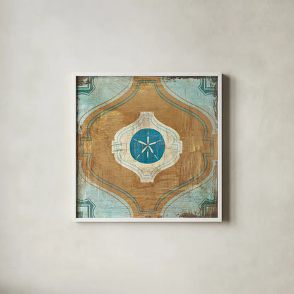 Bohemian Sea Tiles VII by Cleonique Hilsaca. Shown in a crisp white glass frame for a clean and minimalist style. Available as an archival giclee rolled canvas, fine art paper, or poster print. SKU 22940a.