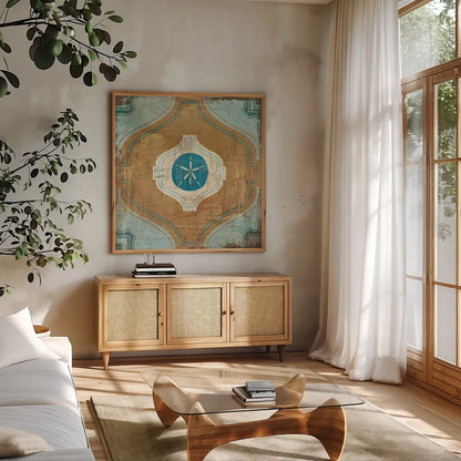 Bohemian Sea Tiles VII by Cleonique Hilsaca. Shown in a natural wood frame in a cozy modern living room. Available as an archival giclee rolled canvas, fine art paper, or poster print. SKU 22940a.