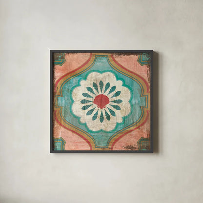 Bohemian Sea Tiles VIII by Cleonique Hilsaca. Shown in a sleek black glass frame for a contemporary gallery look. Available as an archival giclee rolled canvas, fine art paper, or poster print. SKU 22941a.