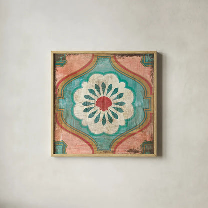 Bohemian Sea Tiles VIII by Cleonique Hilsaca. Shown in a natural wood glass frame for a timeless modern aesthetic. Available as an archival giclee rolled canvas, fine art paper, or poster print. SKU 22941a.
