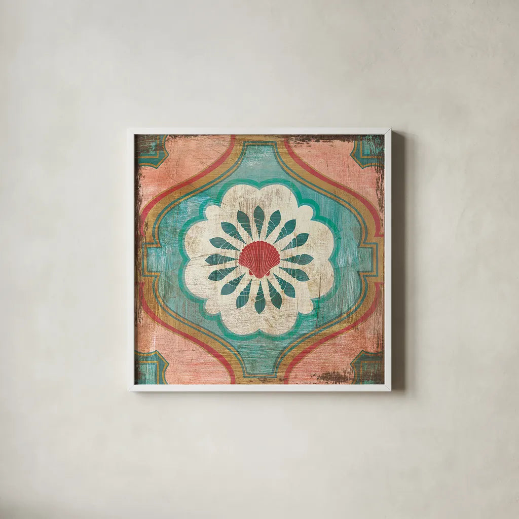 Bohemian Sea Tiles VIII by Cleonique Hilsaca. Shown in a crisp white glass frame for a clean and minimalist style. Available as an archival giclee rolled canvas, fine art paper, or poster print. SKU 22941a.