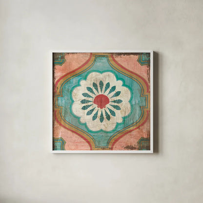 Bohemian Sea Tiles VIII by Cleonique Hilsaca. Shown in a crisp white glass frame for a clean and minimalist style. Available as an archival giclee rolled canvas, fine art paper, or poster print. SKU 22941a.