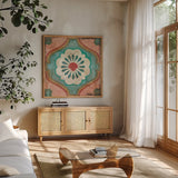 Bohemian Sea Tiles VIII by Cleonique Hilsaca. Shown in a natural wood frame in a cozy modern living room. Available as an archival giclee rolled canvas, fine art paper, or poster print. SKU 22941a.