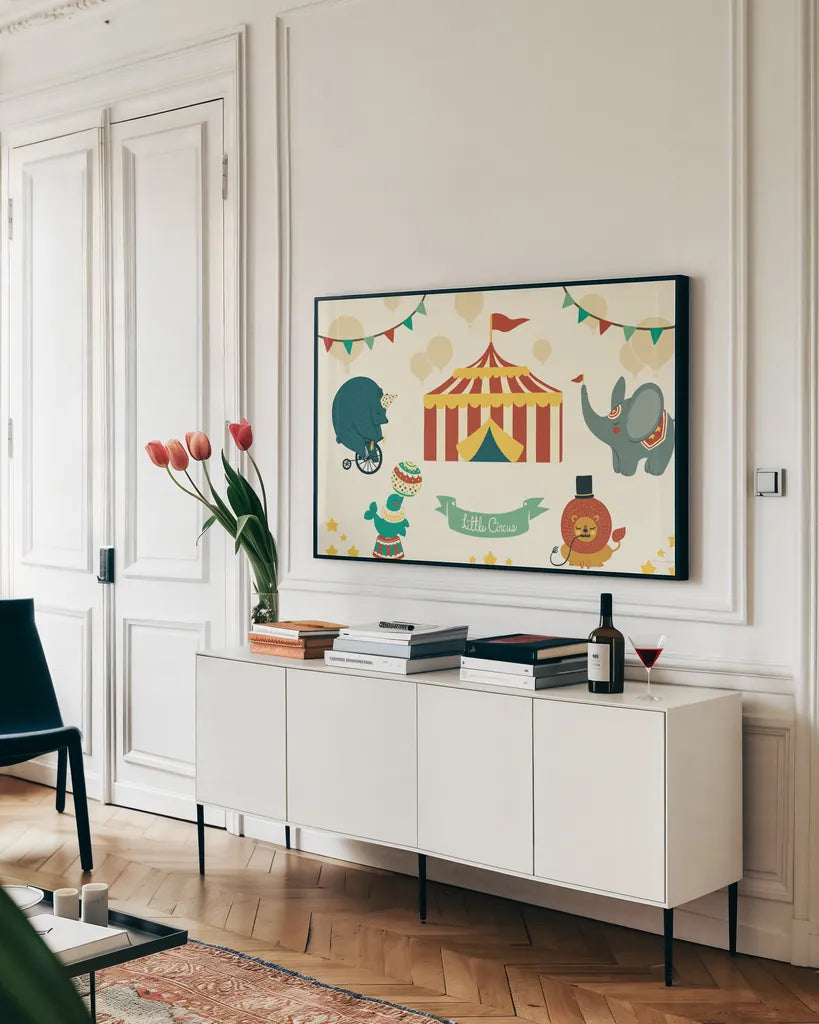 Little Circus by Cleonique Hilsaca. shown as a framed stretched canvas in a living room above a console. Available as a archival giclee rolled canvas, fine art paper, or poster print. SKU 38556i.