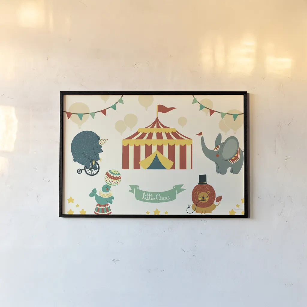 Little Circus by Cleonique Hilsaca. shown as a paper print in a black flame. Available as a archival giclee rolled canvas, fine art paper, or poster print. SKU 38556i.